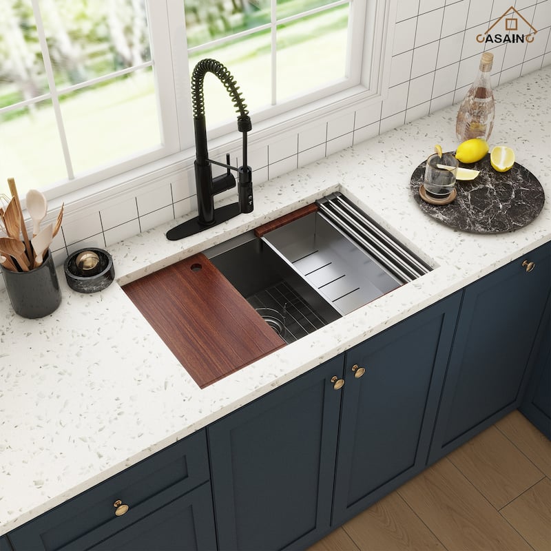 Undermount Single Bowl 16 Gauge Nano Stainless Steel Workstation Kitchen Sink with Pull Down Kitchen Faucet and Accessories