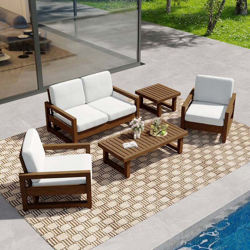 5-Piece Teak Wood Outdoor Patio Conversation Set with Cushion - Natural Wood - Beige