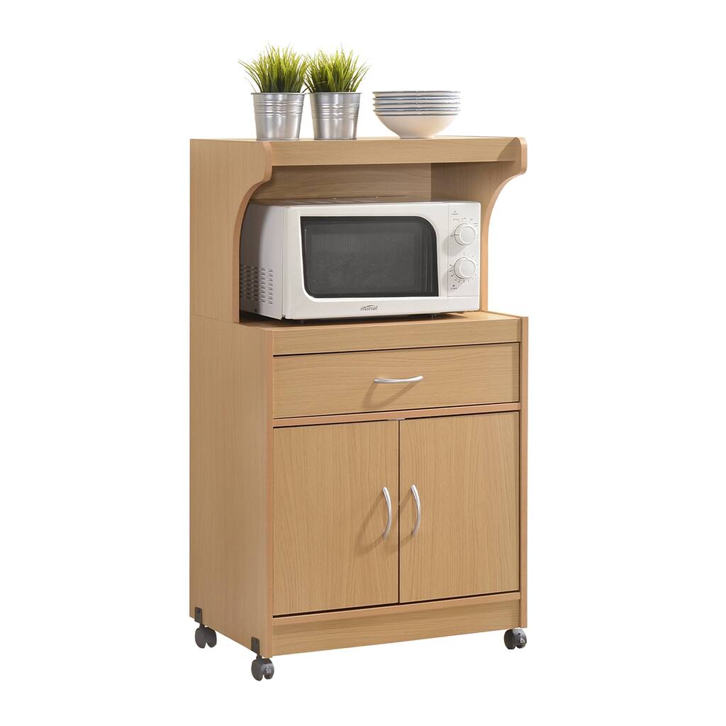Hodedah Wheeled Kitchen Microwave Cart with Drawer and Cabinet Storage, Beech - 60