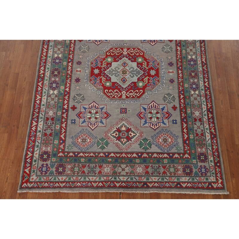 Geometric Kazak Area Rug Handmade Oriental Grey Wool Carpet - 5'6" x 7'9"