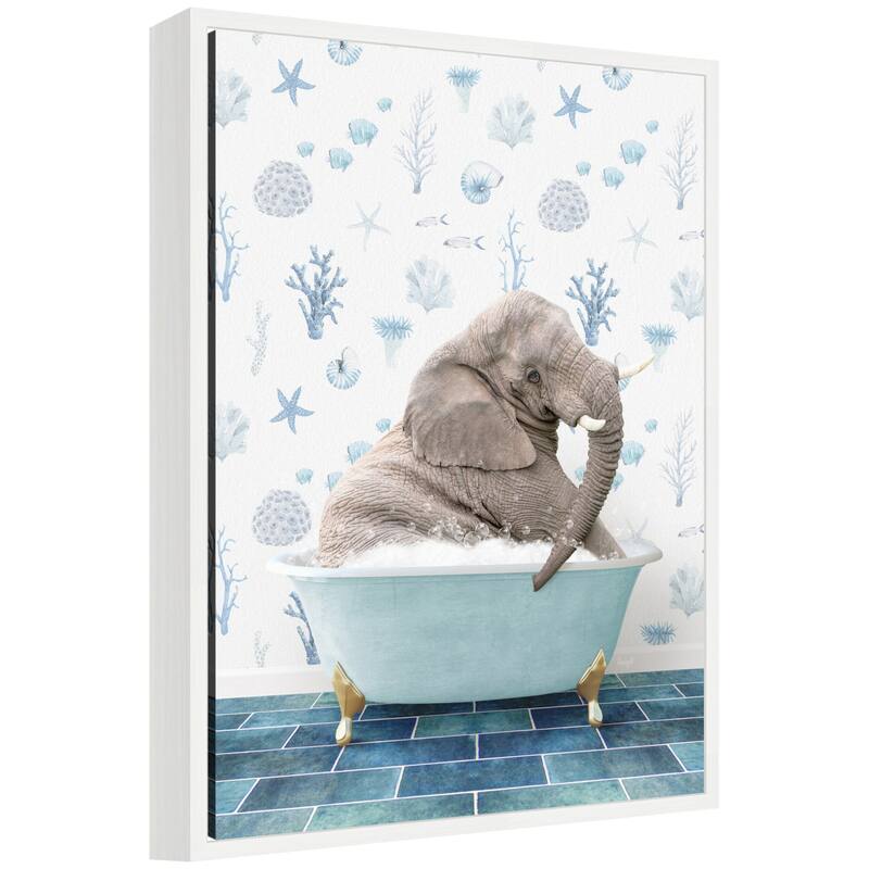 Kate and Laurel Sylvie Young Elephant in Under the Sea Bathtub Framed Canvas by Amy Peterson - White