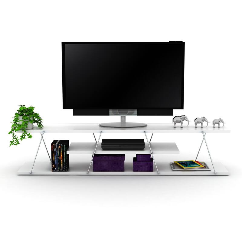 FurnisHome Store Tars Mid Century Modern Tv Stand 4 Shelves Open Storage Metal Cords Entertainment