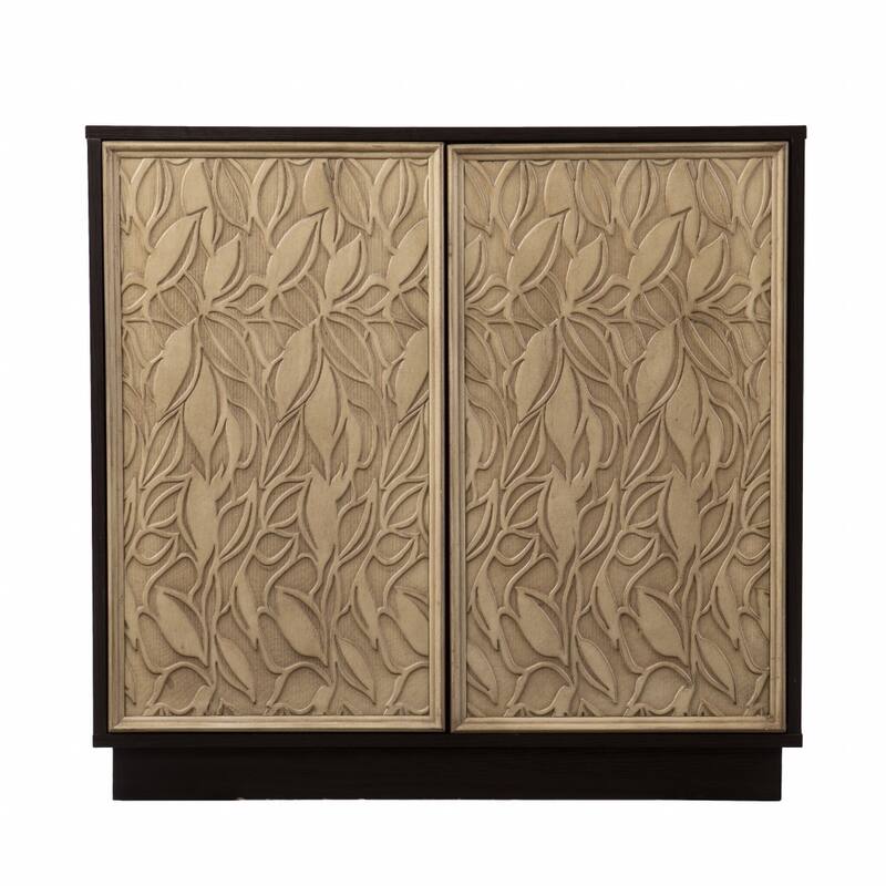 HomeRoots 32" Dark Brown And Natural Carved Floral Sideboard with Two Doors
