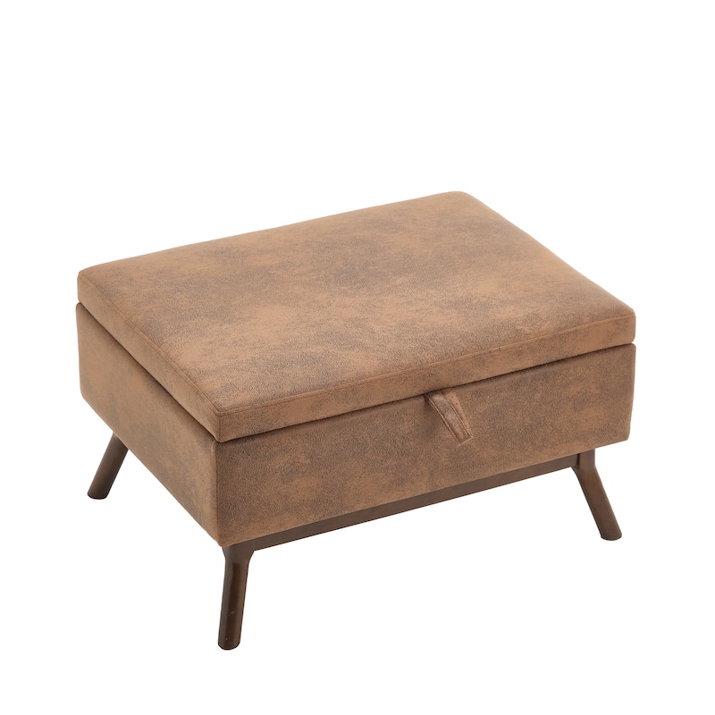 Mid-Century Modern Storage Ottoman, Square Upholstered Coffee Table, Shoe Bench with Hidden Storage & Wood Legs
