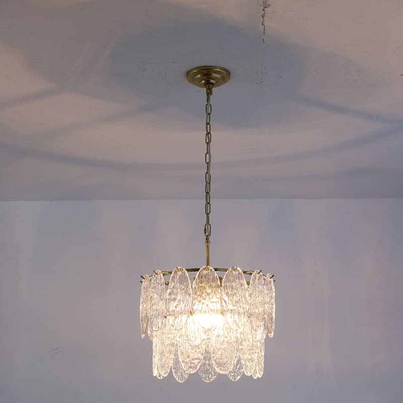 15.7" 2-Light Modern Luxury Gold Handmade Clear Textured Leaf-Shaped Glass Tiered Chandelier for Living Room, Dining Room