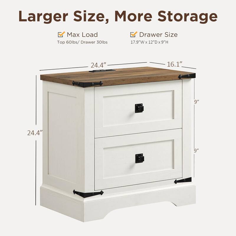 Farmhouse 2 Drawers Nightstand with Charging Station, Large End Table