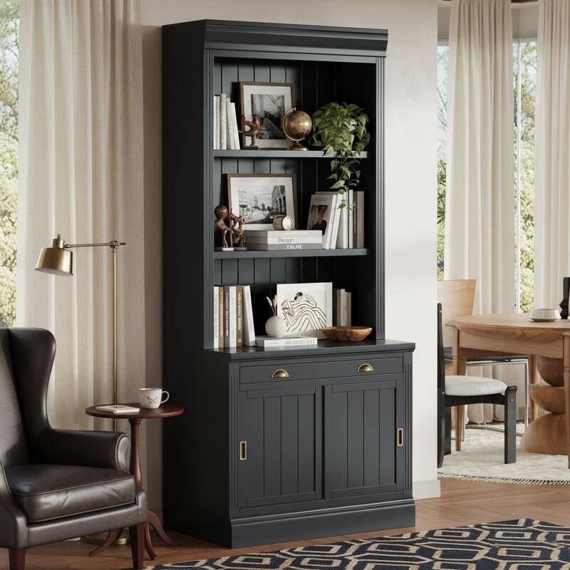 Merax Modern Storage Bookcase with Adjustable Open Shelves, Sliding Cabinet Doors & Anti-Tip Safety - Black