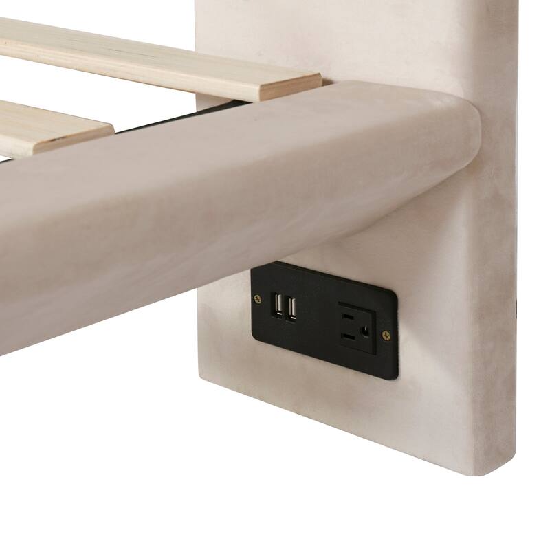 Full Velvet Upholstered Platform Bed with Motion Sensor Light, 2 Large Backrests, USB Ports, and Floating Design