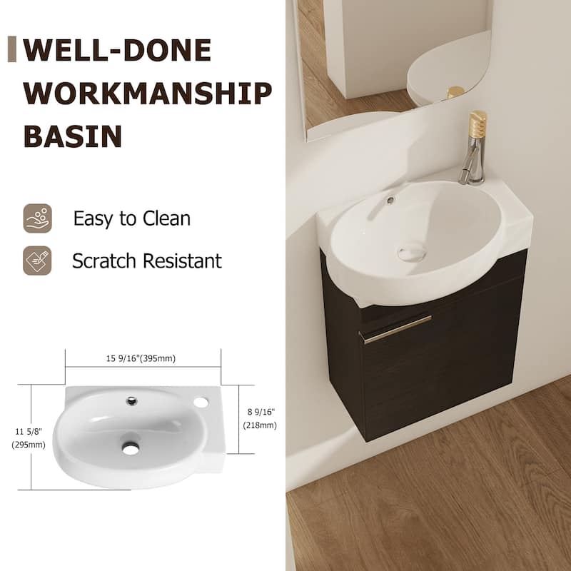17 in.W Wall-Mounted Plywood Bathroom Vanity in Imitative Oak with Ceramic Sink