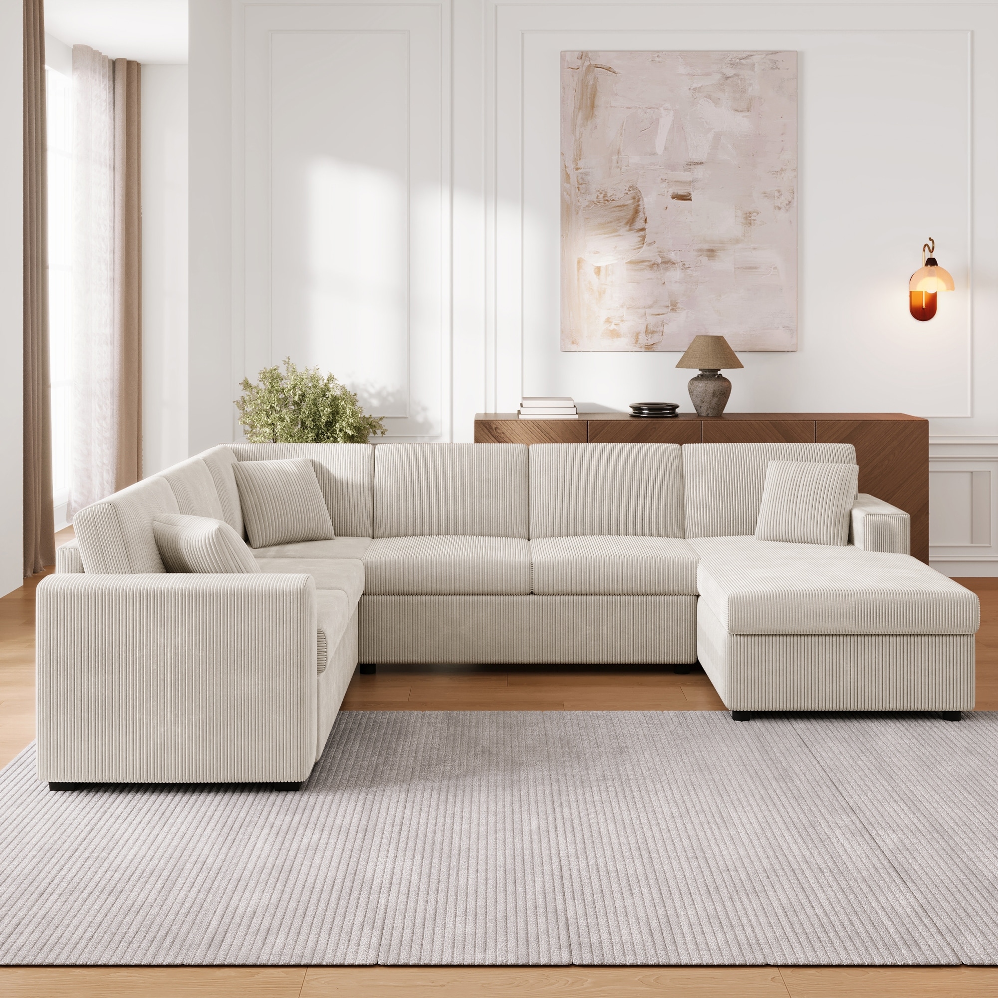 Oversized U Shaped Sectional Sofa, 115.3" Corduroy Upholstered Corner Sofa Couch with Chaise Lounge, Removable Cushions