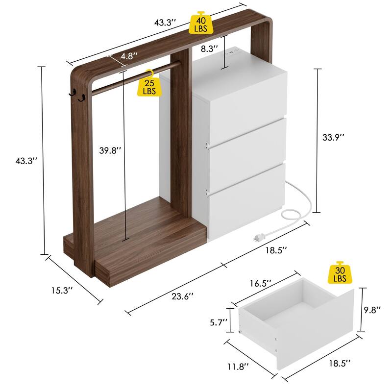 Dresser for Bedroom with Hanging Closet, 3 Drawers Dresser with LED Lights & Charging Station