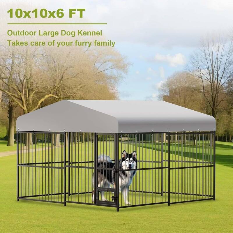Dog Cage Kennel with Rotating Feeding Bowl Waterproof Roof Cover