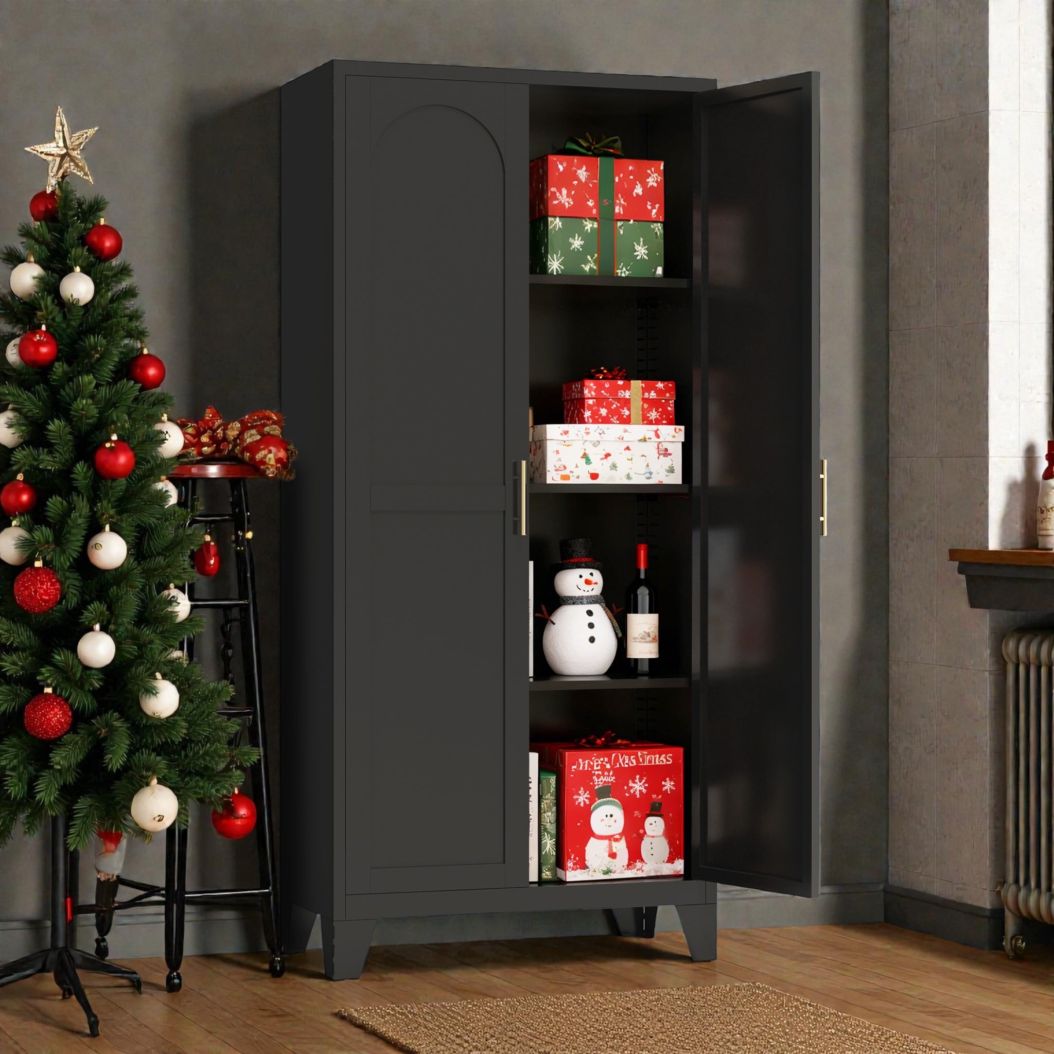 61'' Metal Storage Cabinet with Shapely Doors, Adjustable Shelves, Tall Steel Organizer for Bedroom, Living Room or Office