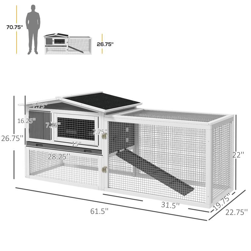 Outdoor Bunny Hutch with Waterproof Roof and Large Run Ramp Feeding Trough for 1-2 Small Animal - 61.5"L x 22.75"W x 26.75"H