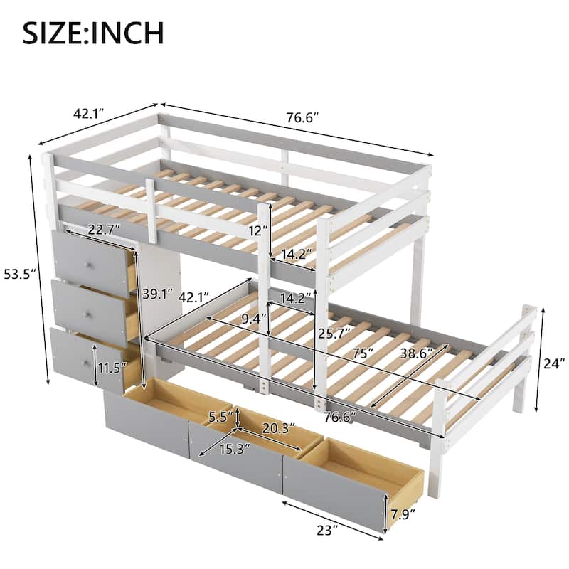 Twin over Twin Loft Bunk Bed with Drawers and Ladder, Gray