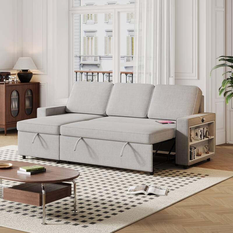 Grey 85.8'' L-Shaped Fabric 3-Seater Sleeper Sofa with Pull-Out Bed, Storage Chaise, USB Port, and Storage Racks - LIGHT GREY