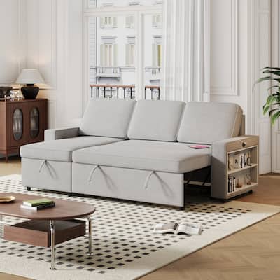Grey 85.8'' L-Shaped Sleeper Sofa with Pull-Out Bed and Storage