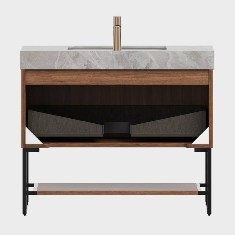 GDFStudio - Yolan 36" Freestanding Bathroom Vanity with Striped Drawer, Open Shelf & Undermount Ceramic Basin, WITHOUT Faucet