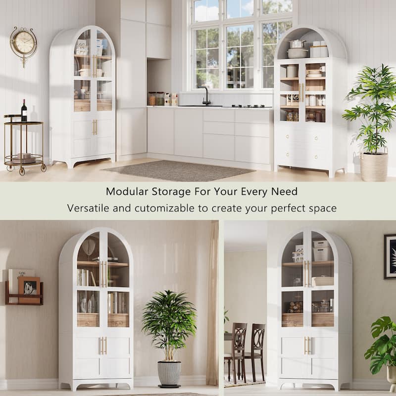 71" Tall Arched Kitchen Pantry Cabinet with Glass Door, Door Shelves, Hidden Drawer & Adjustable Shelves