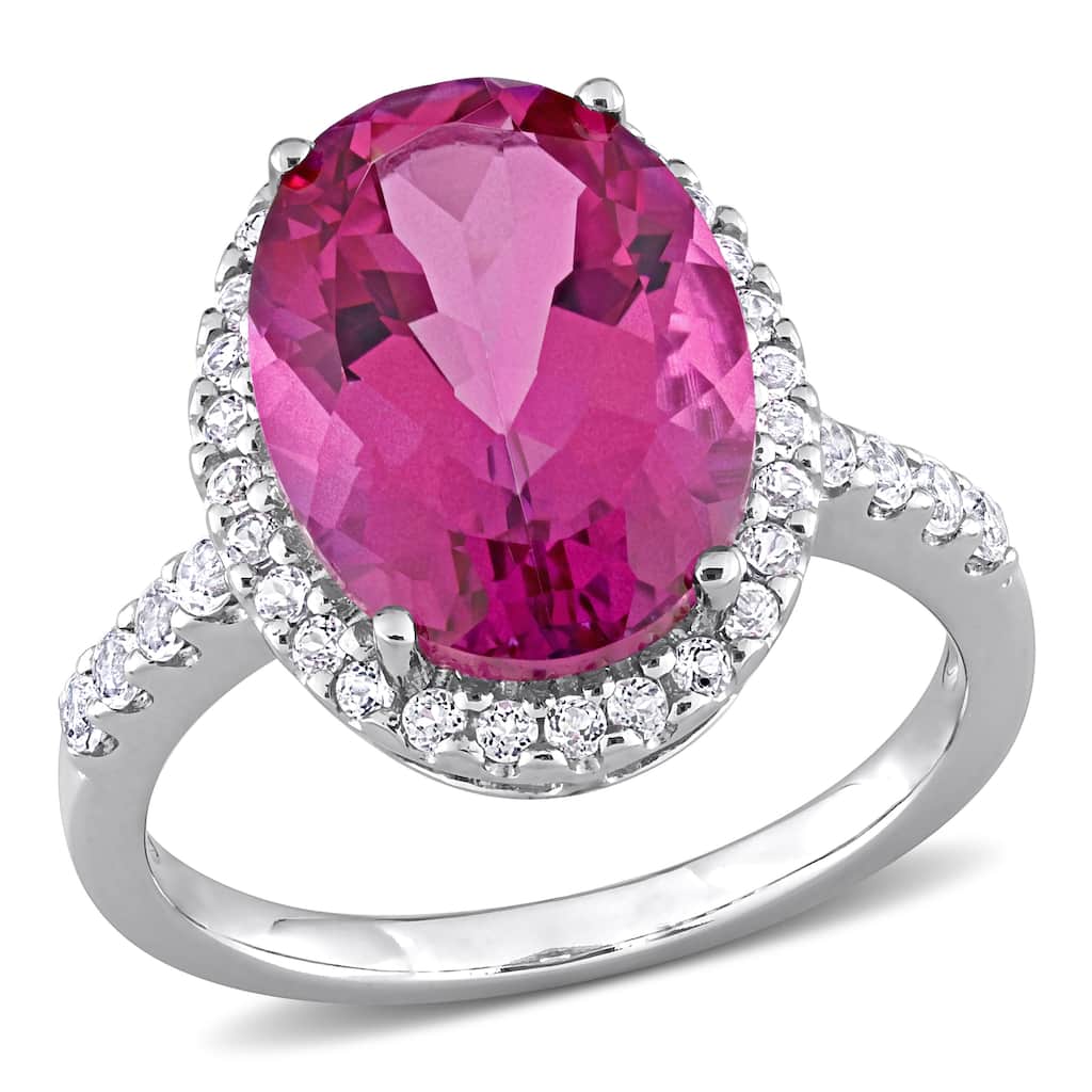 Miadora Oval-cut Pink and White Topaz Halo Cocktail Ring in 14k White Gold