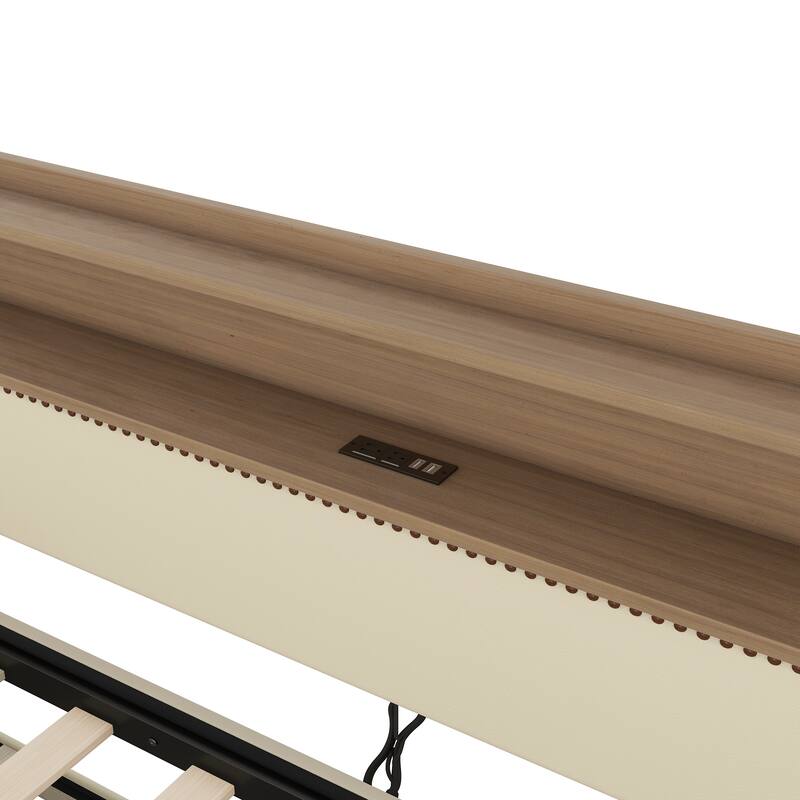 Roomfitters Upholstered Twin Daybed with Trundle, Built-in Charging Station & Lighting Headboard, Space-Saving Design