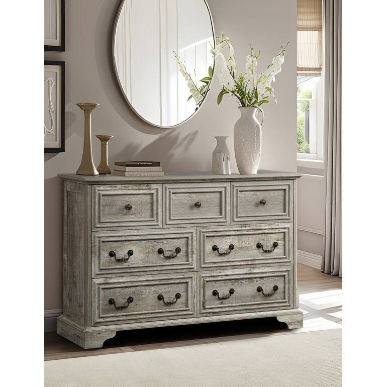 7 Drawers Dresser for Bedroom, Multi-functiona Wooden Storage Cabinet, Clothing Organizer with Roman Column Handles