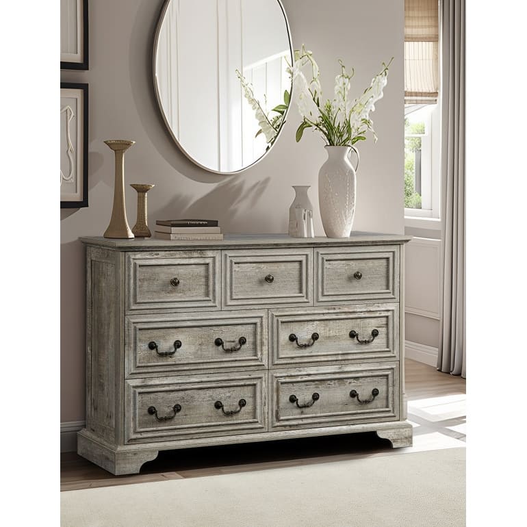 Anmytek Rustic Farmhouse 7-Drawer Dresser - Antique White Vintage Storage Organizer
