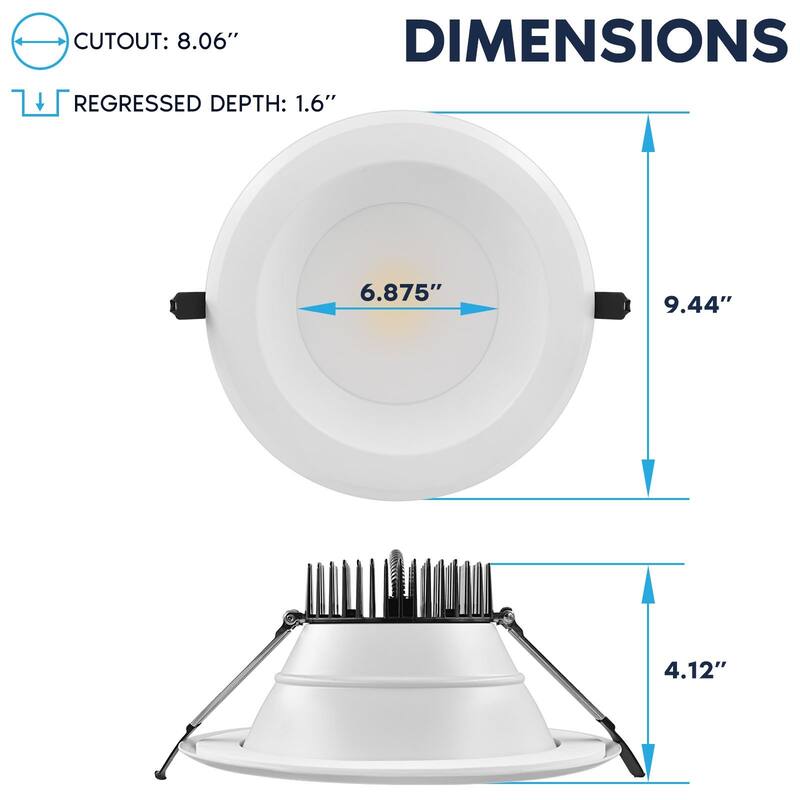 LUXRITE 8 Inch Commercial LED Recessed Light J-Box 5CCT 50/65/80W Dimmable 5000/6500/8000LM 120-277V Wet Rated IC Rated