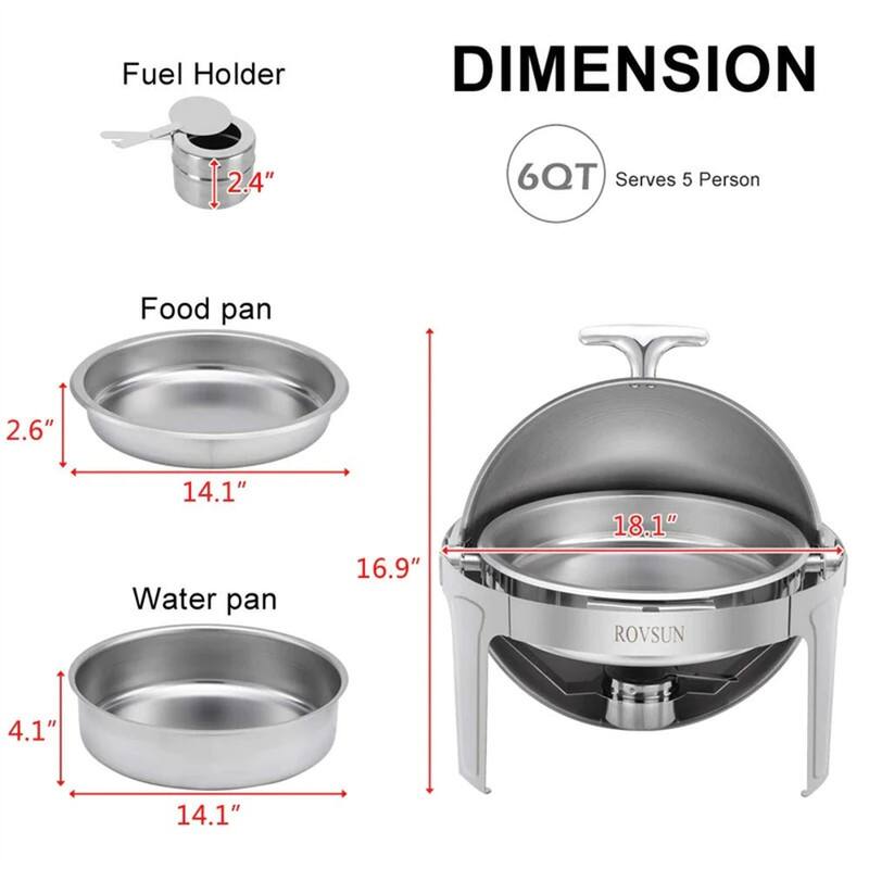 1/2 Set 6 QT Stainless Steel Round Roll Top Chafing Dish