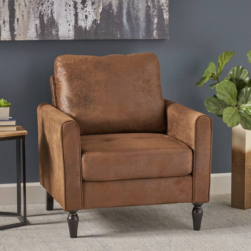Roomfitters Sleek Upholstered Armchair, Modern Living Room Chair with Durable Faux Leather, Turned Wooden Legs