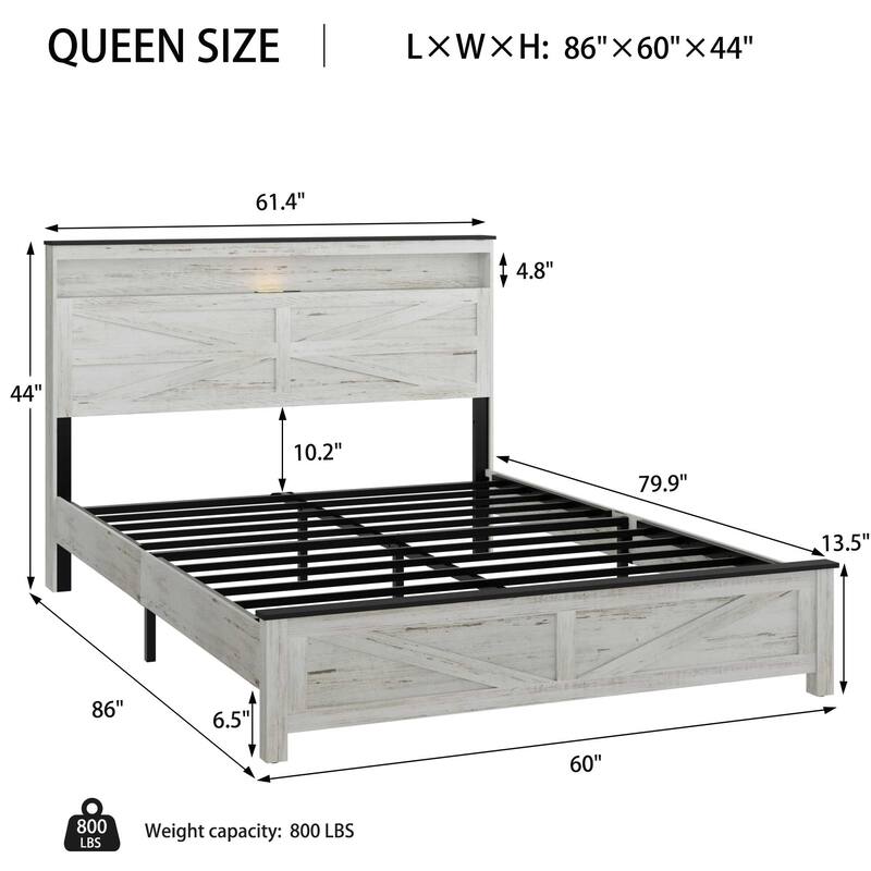 King Size Bed with Wooden Headboard and Hidden Storage Space, No need for box springs, Antique White+Gray