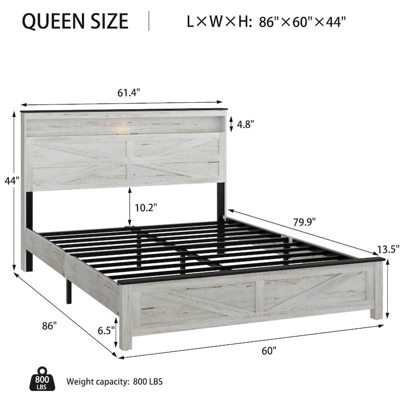 Wooden Low Profile Bed Frame with Metal Slats Support, Rural Platform Bed with Storage Headboard Bulit-in Charging Station