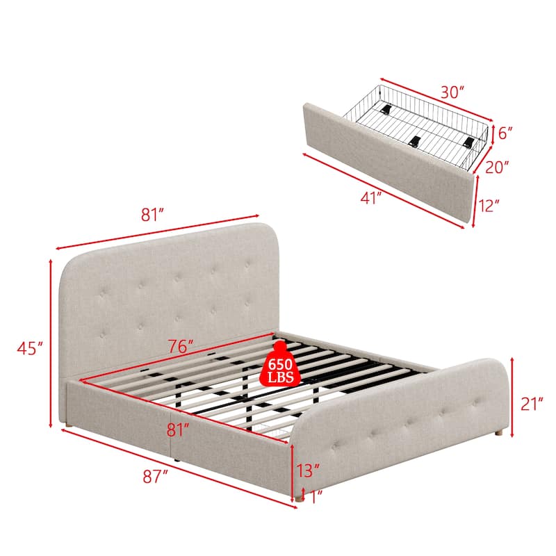 King Size Beige Linen Upholstered Platform Bed Tall Tufted Headboard & High Footboard Minimalist Storage Bed Frame w/Drawers