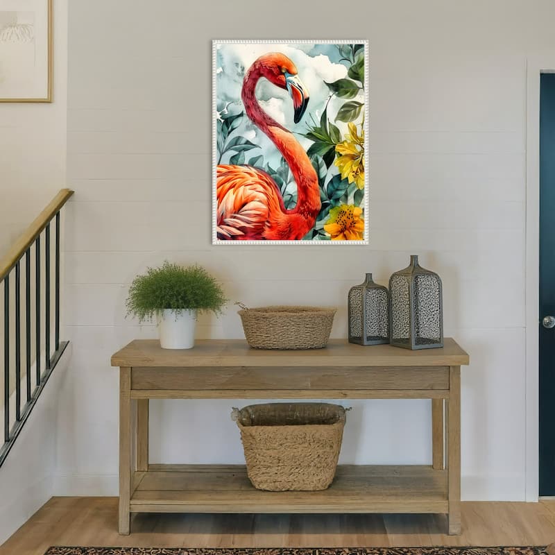 Flamingo in Flowers by Justyna Jaszke Framed Canvas Wall Art