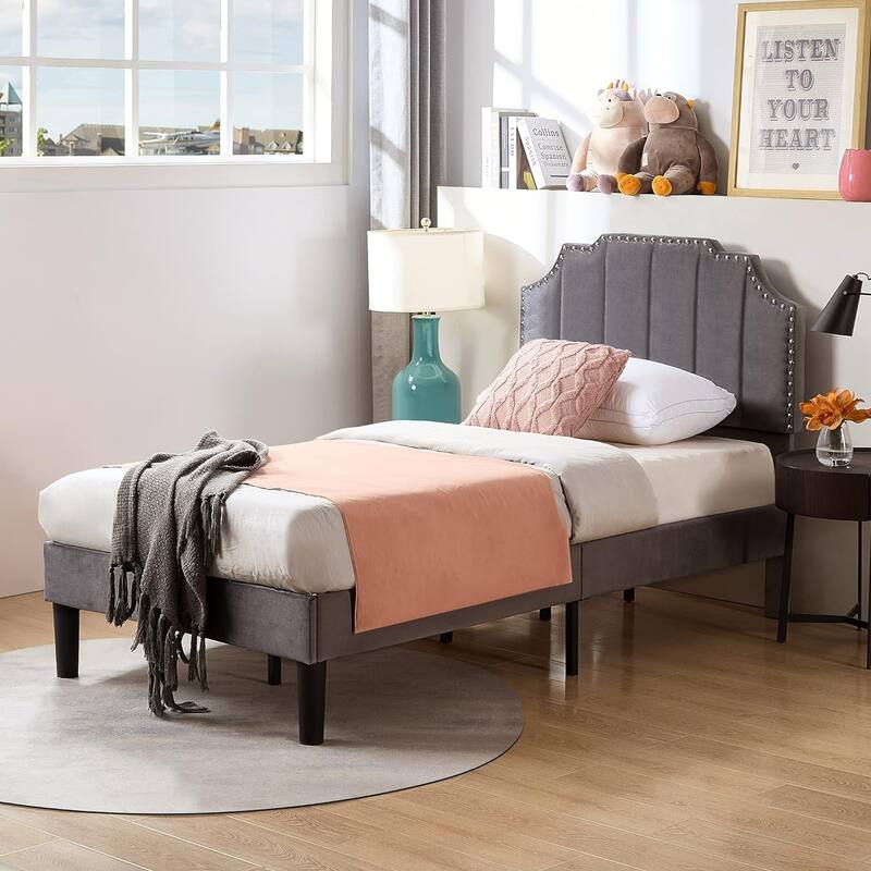 VECELO Double Twin Bed Set 41"-47" Adjustable Height Platform Bed with Nailhead Trim 7.8" Underbed Storage No Box Spring Needed
