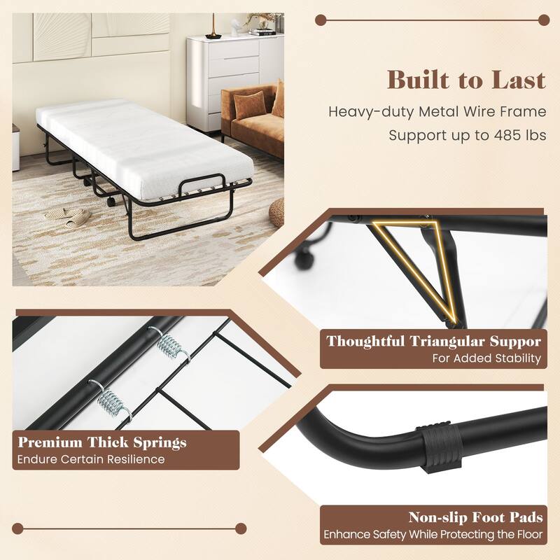 White Memory Foam Folding Guest Bed with Wheels and Metal Frame Support - 75" L x 31" W x 16.5" H