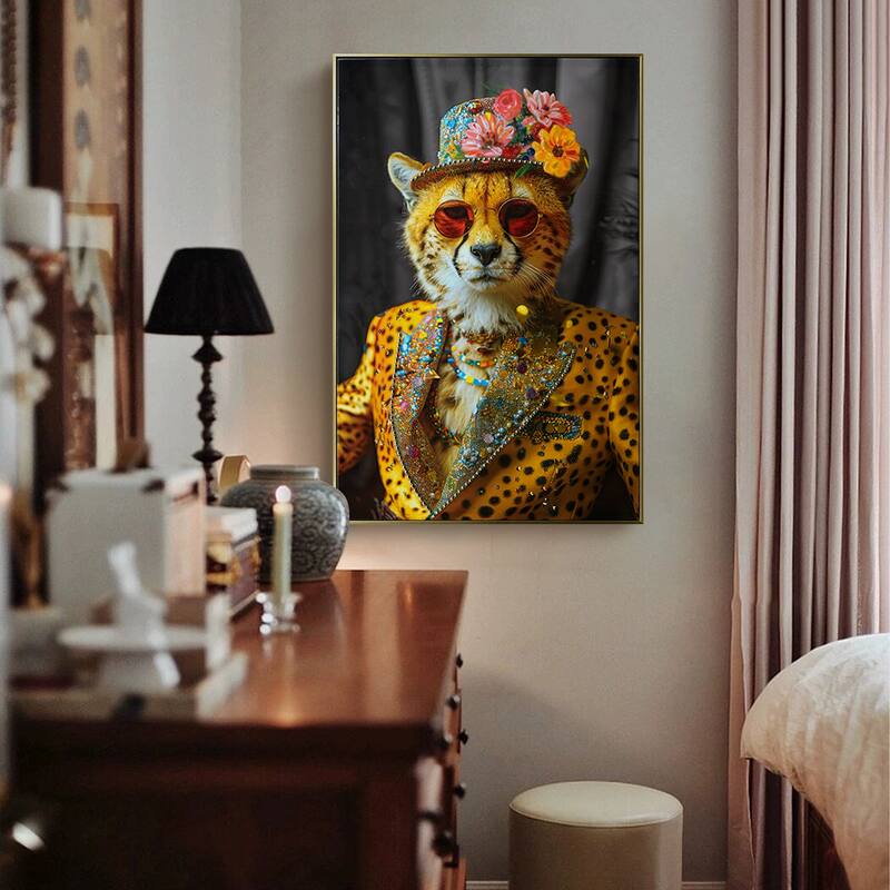 Abstract Art Wall Decor:Cheetah In Leopard Print Suit With Sunglasses And Hat Featuring Flower - Unique Modern Canvas Painting - Gold