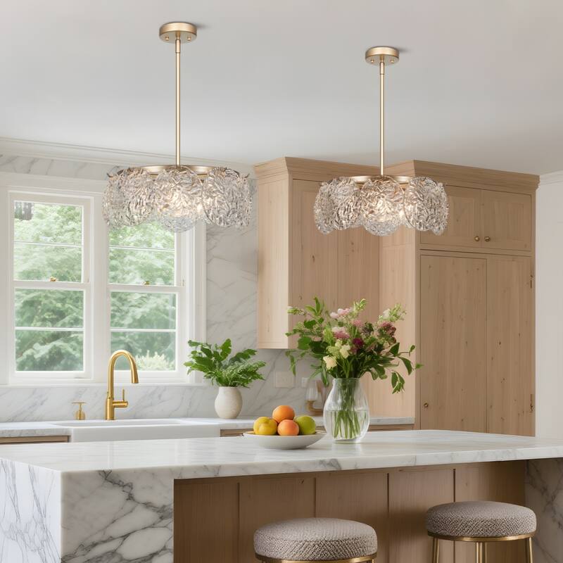 Modern Gold 5-Light Drum Chandelier Art Glass Pendant Lights for Dining Room - 18" D x 8" H