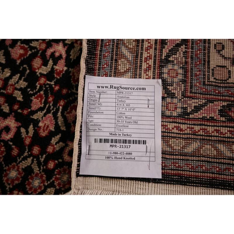 Black Anatolian Turkish Large Vintage Rug Hand-Knotted Wool Carpet - 10'0" X 13'7"