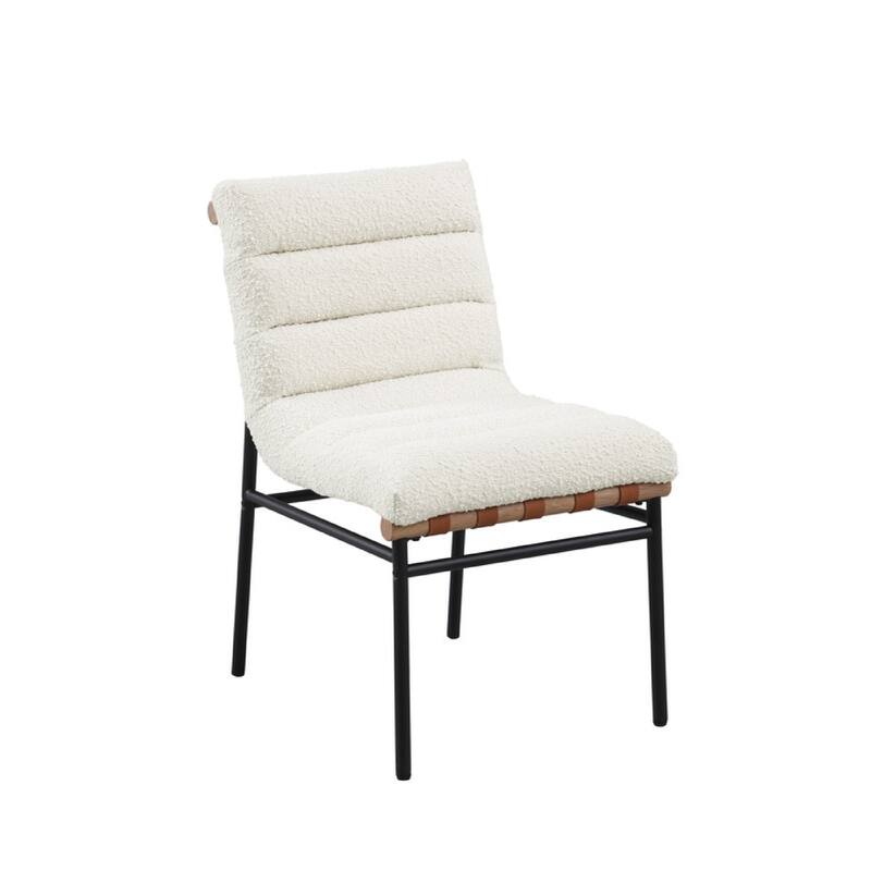 Kive Dining Chair Set of 2, Black Iron Legs, White Channel Tuft Boucle