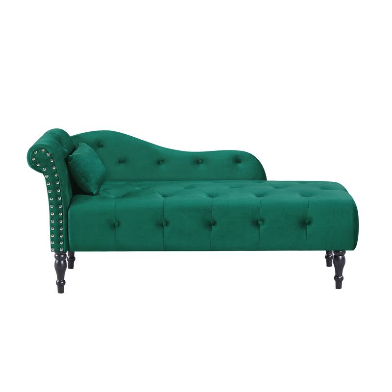 60.6" Velvet Chaise Lounge Buttons Tufted Nailhead Trimmed Solid Wood Legs with 1 Pillow (Left Arm Design)