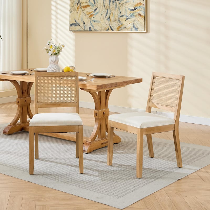Farmhouse Rattan Dining Chairs Set of 2,Cane Upholstered Kitchen Side Chair with Natural Hardwood Frame - Beige