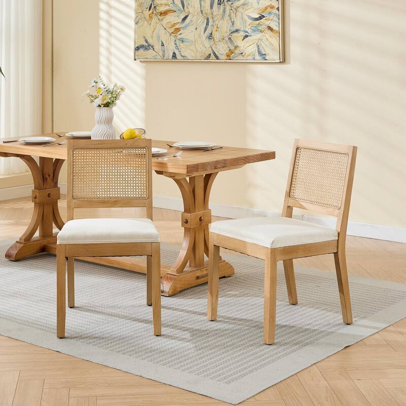 Roomfitters Rattan Dining Chairs Set of 2, Mid-Century Farmhouse Kitchen Chairs with Cane Back and Linen Upholstery - Beige