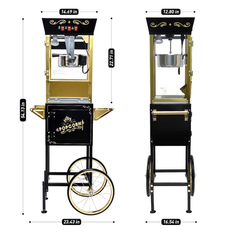 12oz Popcorn Machine Cart, Popcorn Cart with Wheels, Vintage Popcorn Machine with Stainless Steel Kettle