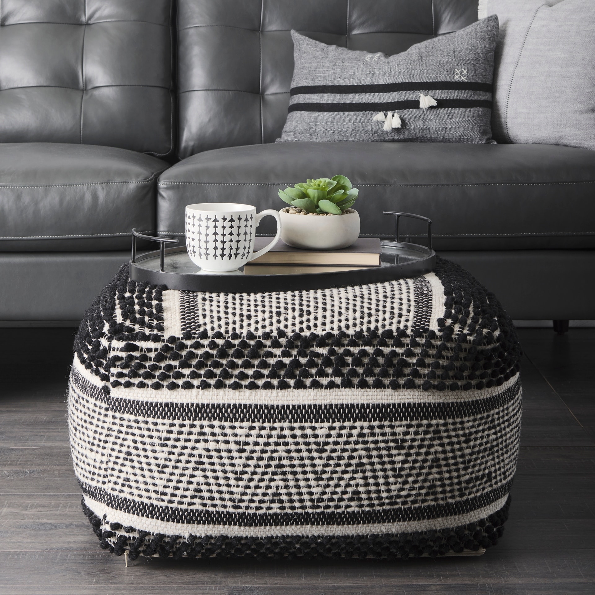 Mercana "Garima" Black & White Wool / Cotton Patterned Square Pouf