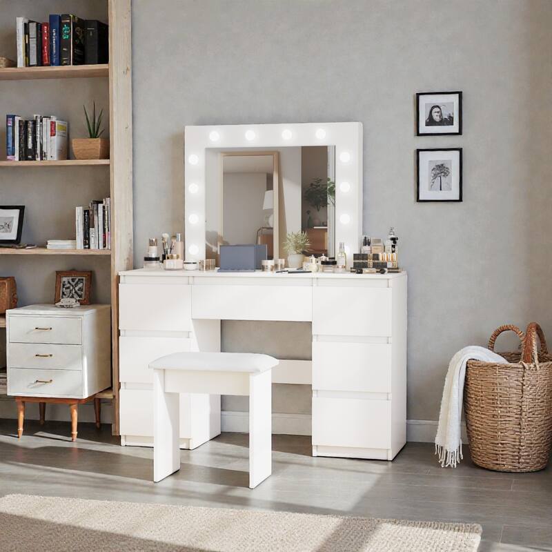 Large White Vanity Table with Mirror and 12 LED Lights, Makeup Desk with Deep Storage Drawers for Bedroom & Dressing Room