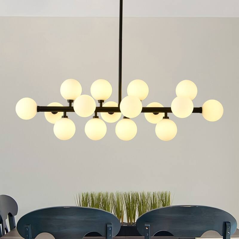 Mid-Century Modern Sputnik Chandelier 16-Light Adjustable Brass Pendant with Glass Globes for Dining Rooms - 34.7in - Black/White