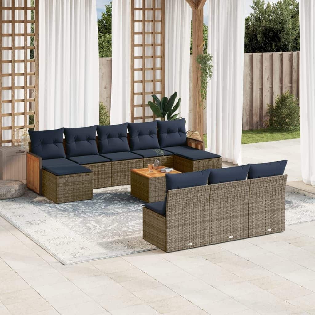 vidaXL 10/11 Piece Patio Sofa Set with Cushions Black/Gray Poly Rattan - 21.7 x 24.4 x 27.2