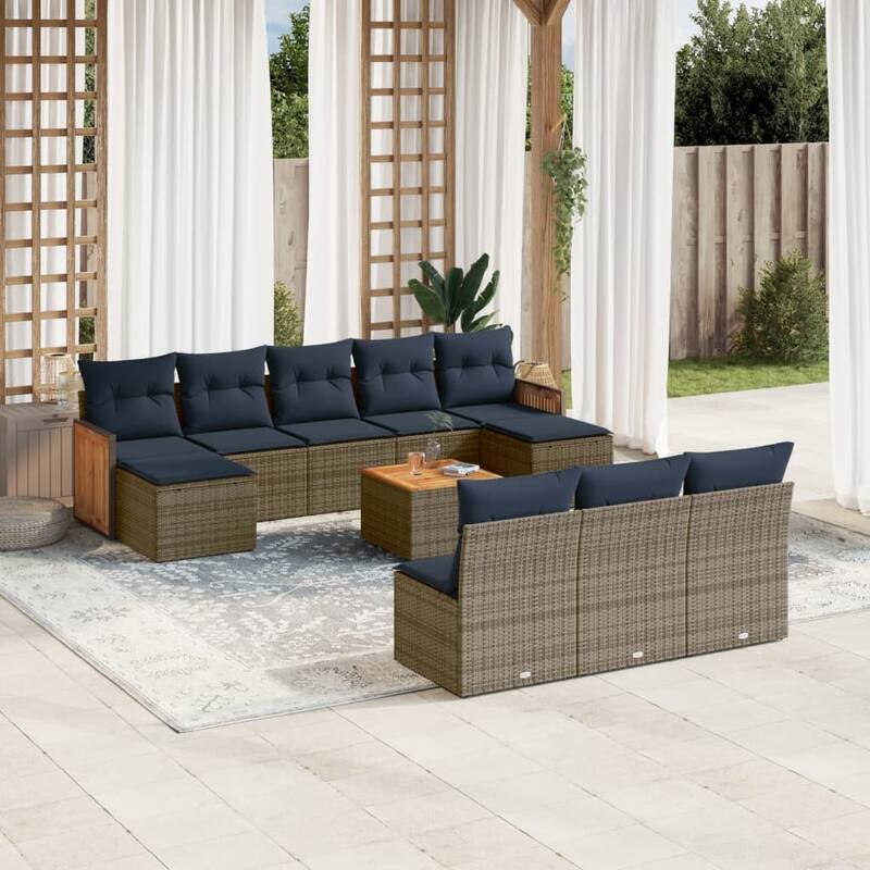 vidaXL 10/11 Piece Patio Sofa Set with Cushions Black/Gray Poly Rattan - 21.7 x 24.4 x 27.2 - Gray With table
