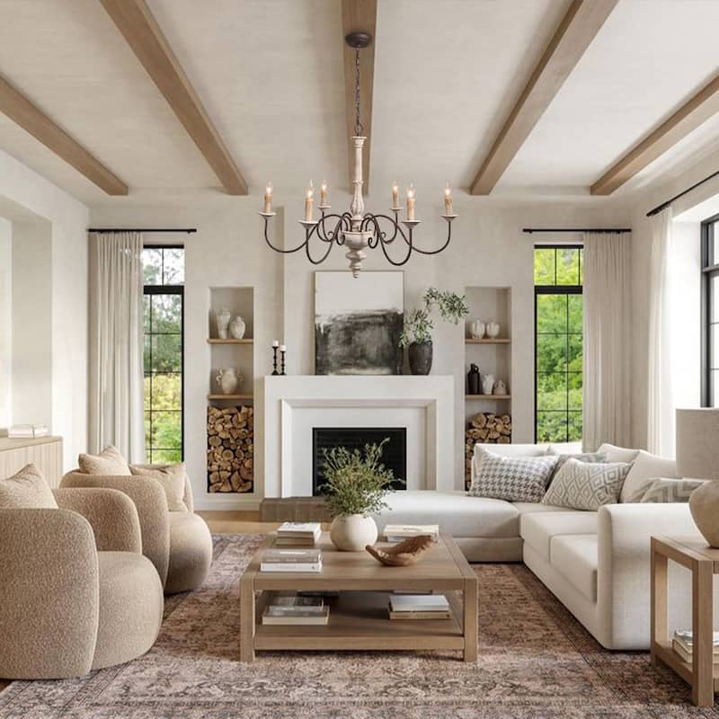 Modern Farmhouse 6-Light Shabby Chic Candle Style Wood Chandelier - Cream - 37 in.
